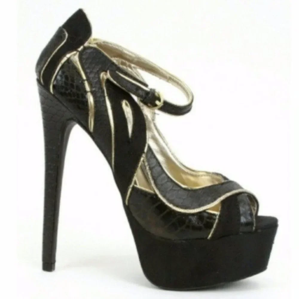 bebe Clarissa Black and Gold Platform High Heel Sandals